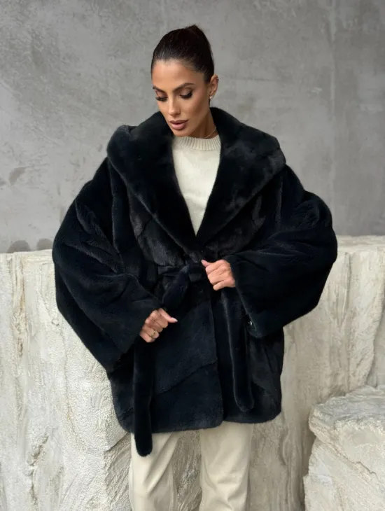 Шуба норковая летучая мышь с капюшоном