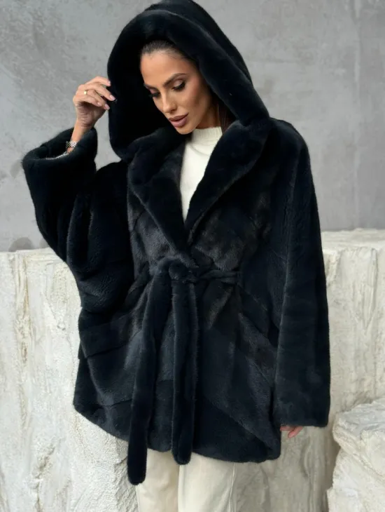 Шуба норковая летучая мышь с капюшоном
