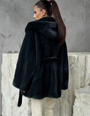 Шуба норковая летучая мышь с капюшоном