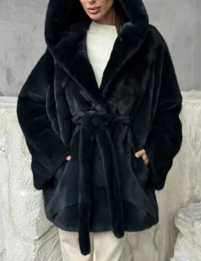 Шуба норковая летучая мышь с капюшоном