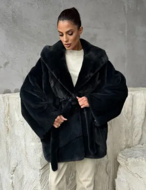 Шуба норковая летучая мышь с капюшоном