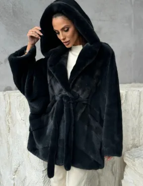 Шуба норковая летучая мышь с капюшоном