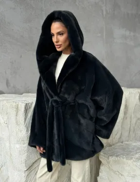 Шуба норковая летучая мышь с капюшоном