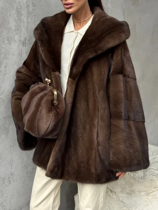 Норковый полушубок с капюшоном - цвет коричневый