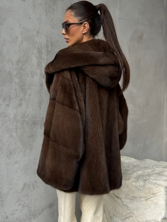 Норковый полушубок с капюшоном - цвет коричневый