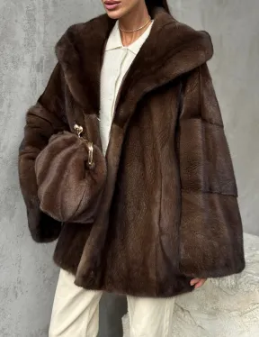 Норковый полушубок с капюшоном - цвет коричневый
