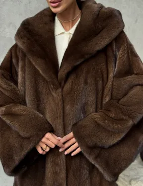 Норковый полушубок с капюшоном - цвет коричневый