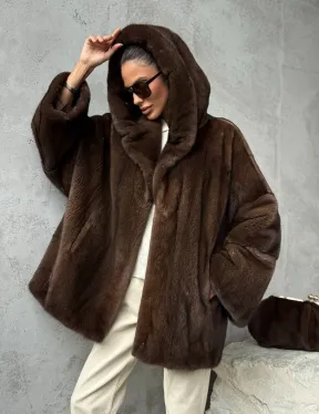 Норковый полушубок с капюшоном - цвет коричневый