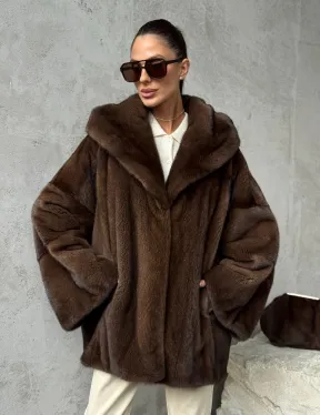 Норковый полушубок с капюшоном - цвет коричневый