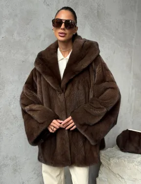 Норковый полушубок с капюшоном - цвет коричневый