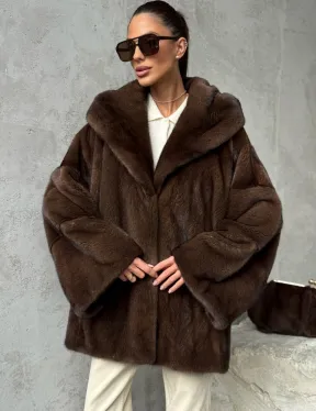 Норковый полушубок с капюшоном - цвет коричневый