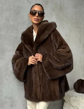 Норковый полушубок с капюшоном - цвет коричневый