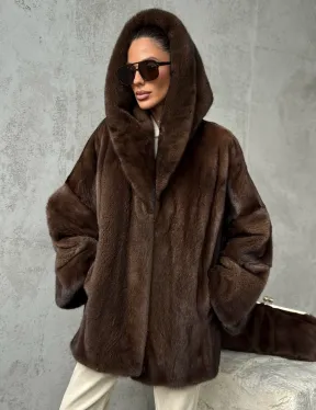 Норковый полушубок с капюшоном - цвет коричневый