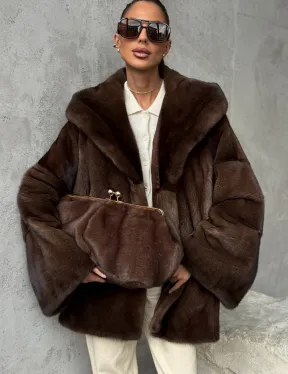 Норковый полушубок с капюшоном - цвет коричневый