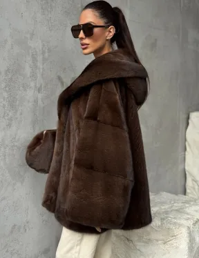 Норковый полушубок с капюшоном - цвет коричневый