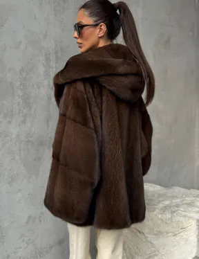 Норковый полушубок с капюшоном - цвет коричневый