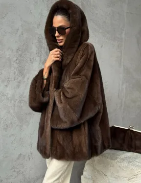 Норковый полушубок с капюшоном - цвет коричневый