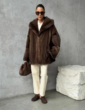 Норковый полушубок с капюшоном - цвет коричневый