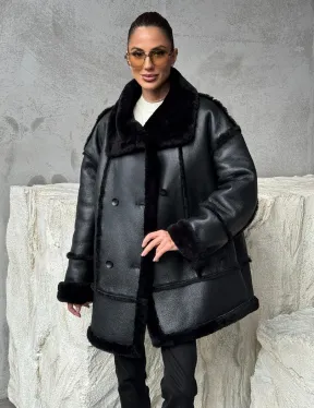 Черная современная дубленка