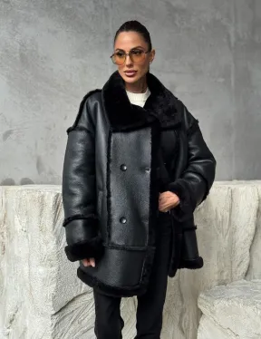 Черная современная дубленка