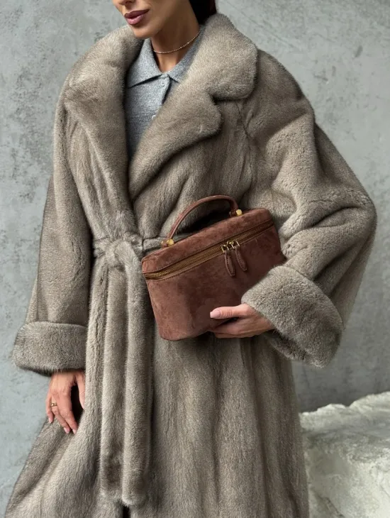 Длинная норковая шуба - цвет серый