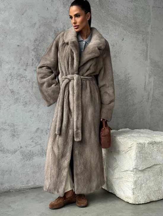 Длинная норковая шуба - цвет серый