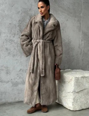 Длинная норковая шуба - цвет серый