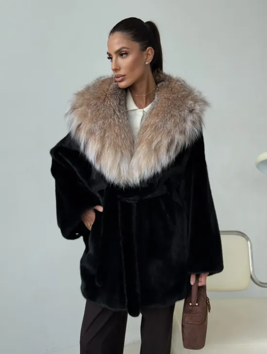 Норковый полушубок с капюшоном рысь