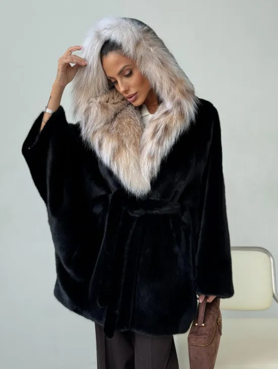Норковый полушубок с капюшоном рысь