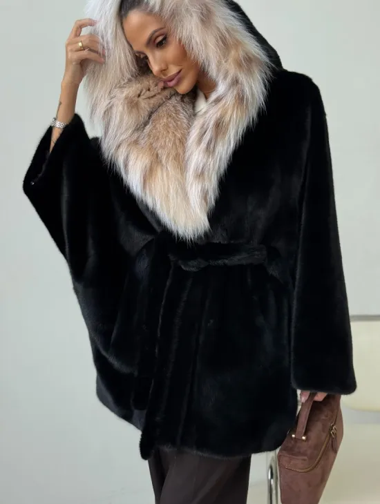 Норковый полушубок с капюшоном рысь