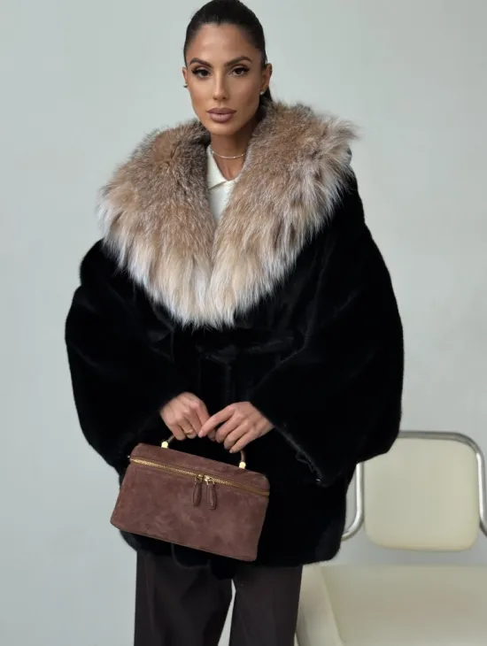 Норковый полушубок с капюшоном рысь