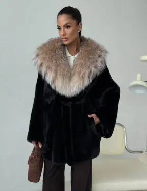 Норковый полушубок с капюшоном рысь