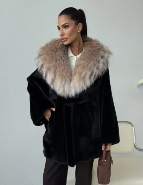 Норковый полушубок с капюшоном рысь