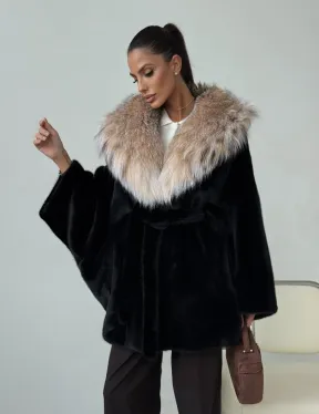 Норковый полушубок с капюшоном рысь