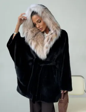 Норковый полушубок с капюшоном рысь