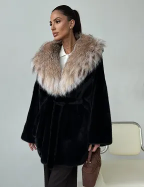 Норковый полушубок с капюшоном рысь