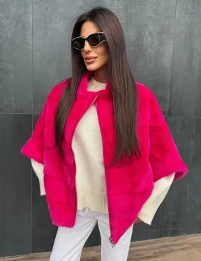 Норковая кофта на молнии - фуксия