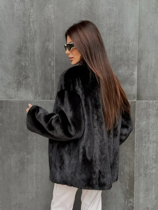 Черный норковый полушубок V-образный воротник