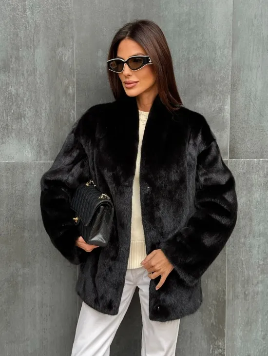 Черный норковый полушубок V-образный воротник