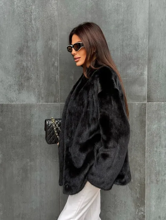 Черный норковый полушубок V-образный воротник