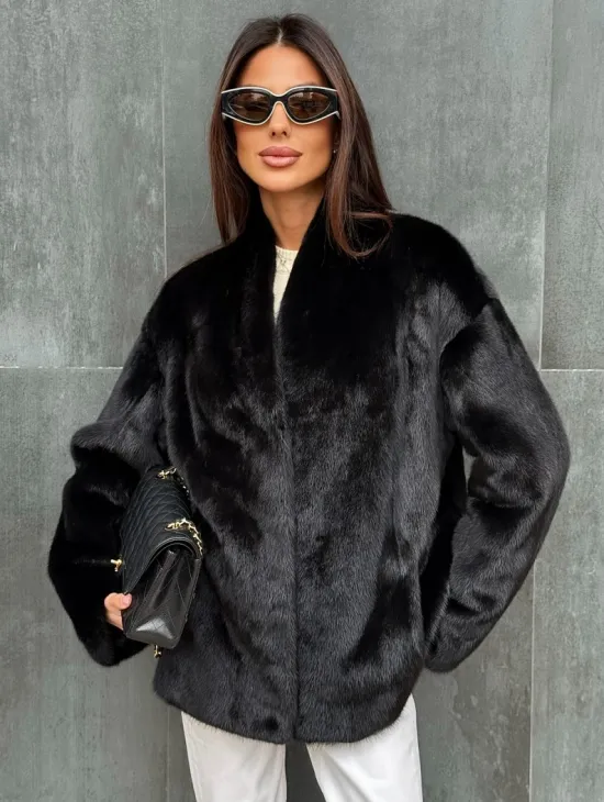 Черный норковый полушубок V-образный воротник