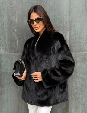 Черный норковый полушубок V-образный воротник