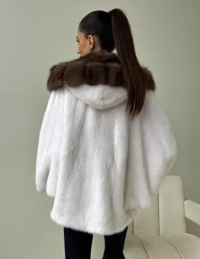 Белый норковый полушубок с куницей -  летучая мышь