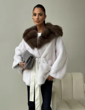 Белый норковый полушубок с куницей -  летучая мышь