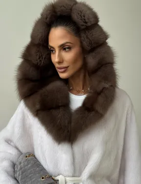 Белый норковый полушубок с куницей -  летучая мышь