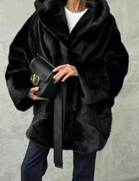 Полушубок черный норковый с капюшоном