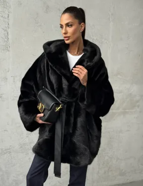 Полушубок черный норковый с капюшоном
