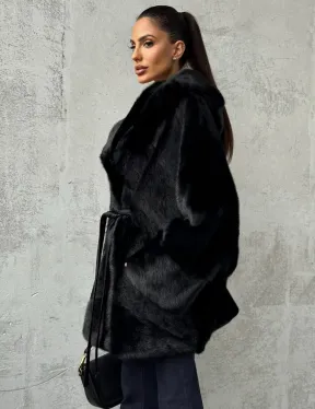 Полушубок черный норковый с капюшоном