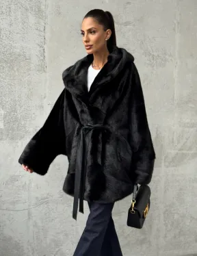 Полушубок черный норковый с капюшоном