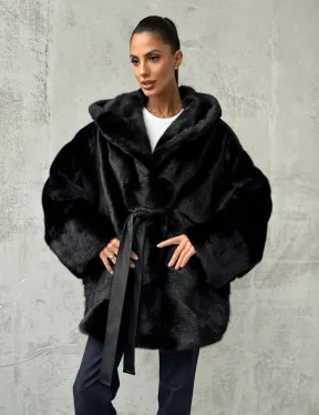 Полушубок черный норковый с капюшоном